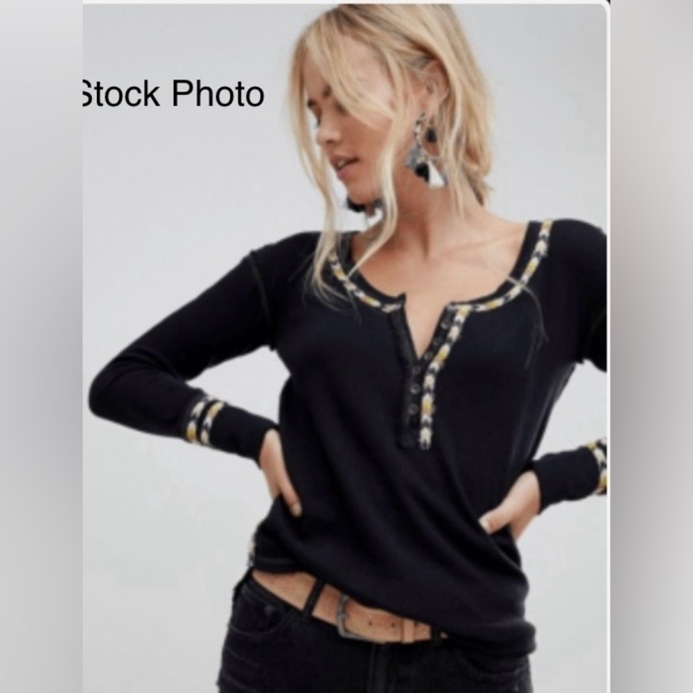 Free People Rainbow Henley Thermal Long Sleeve Top • Black • Size XS
